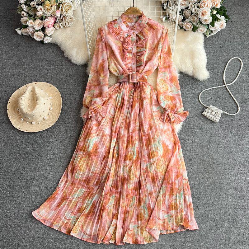 Retro Graceful Stand Collar Speaker Long Sleeves Elegance Dress