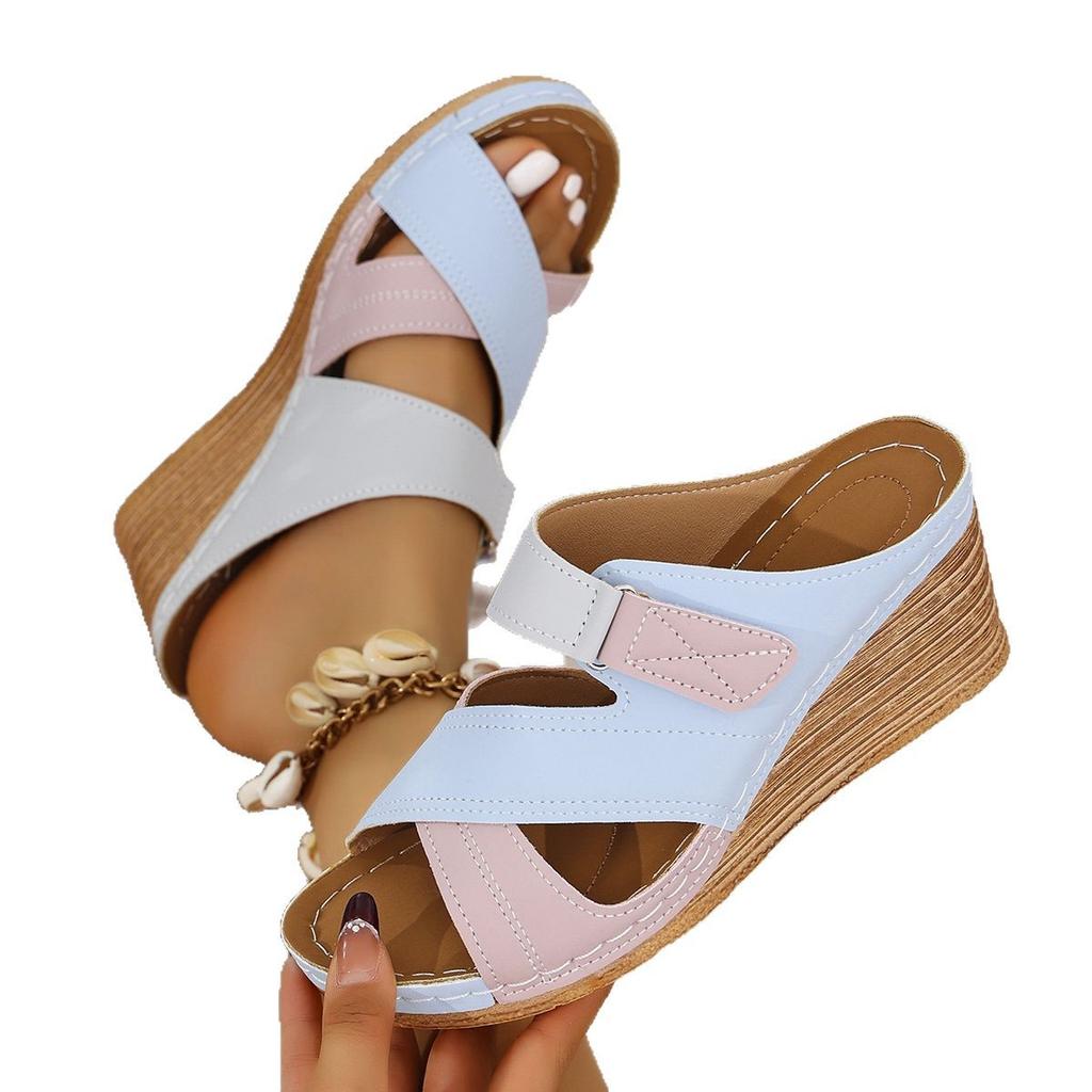 2025 foreign trade Velcro color matching thick-soled slippers women's sewing line light slope heel Roman wind cool slippers