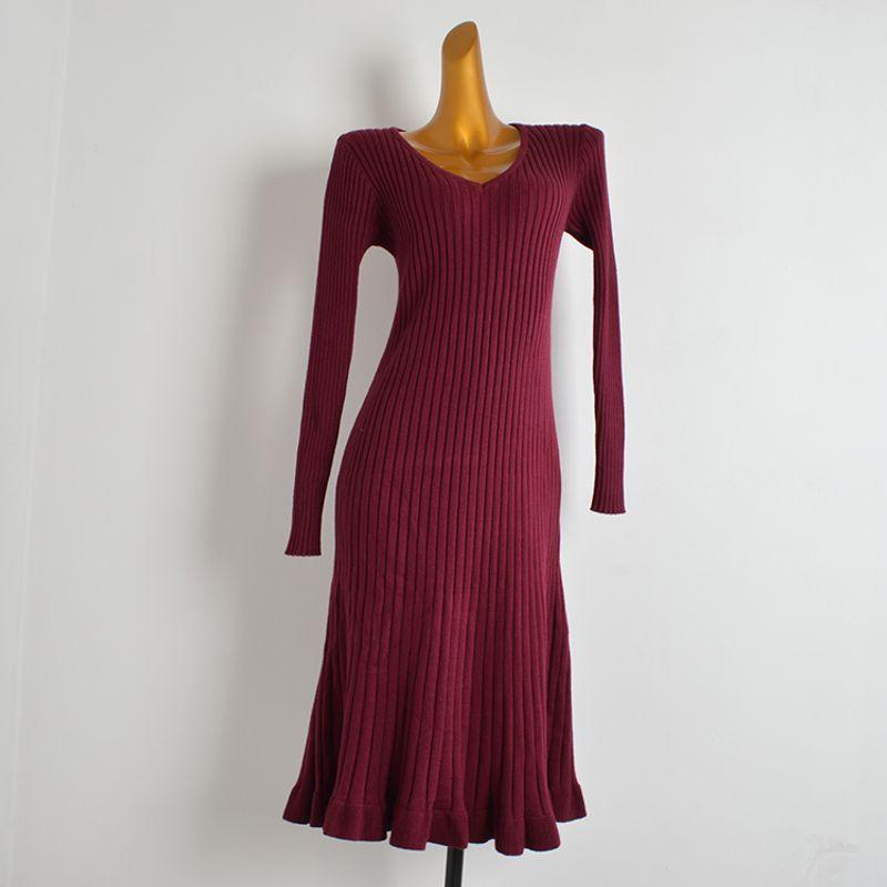 Style New Arrival Spring and Autumn V-neck Long Sleeves Knitting Dress Women's Clothing Silm Slim Looking Mid Length Long Length Hip Bag Mermaid Dress