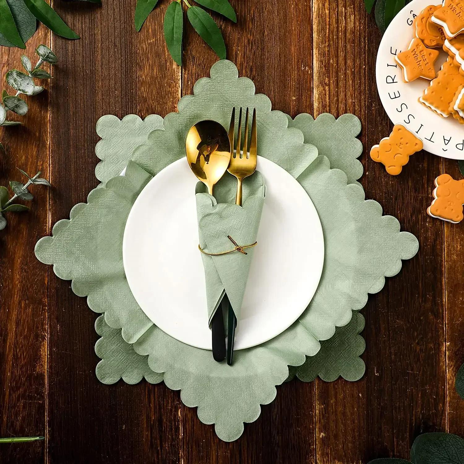 Yt Daily Necessities Green 50Pcs Scalloped Sage Cocktail Napkins Disposable Paper Tissue Party Napkin Beverage Towels For Wedding Birthday Christmas Supply