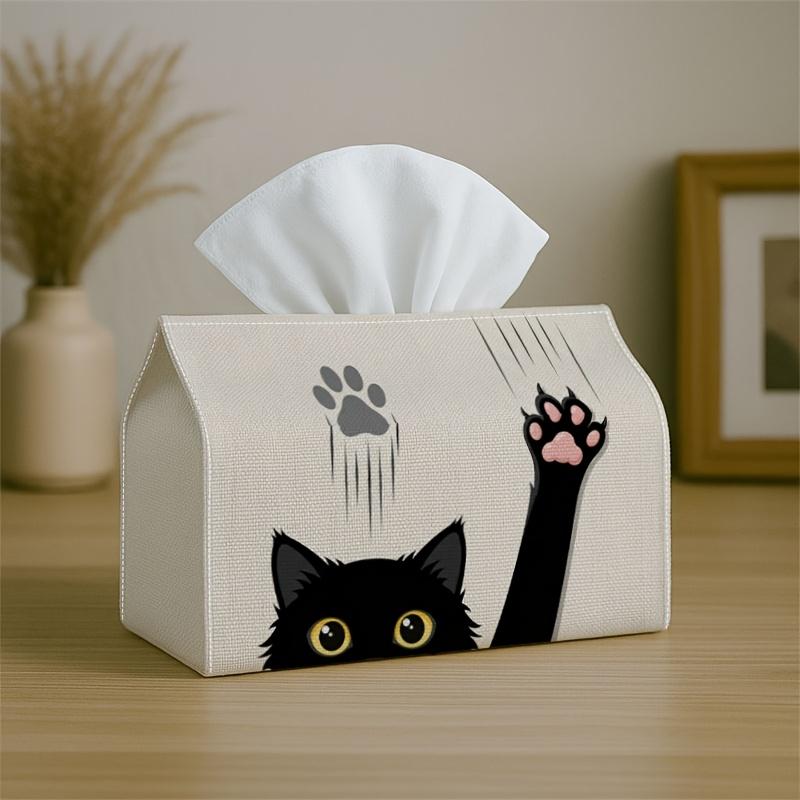 1pc Cat-Themed Tissue Box Holder with Paw Print - Minimalist Black & White Claws Decor Suitable for Bedroom, Living Room, Car, - Multifunctional Tissu