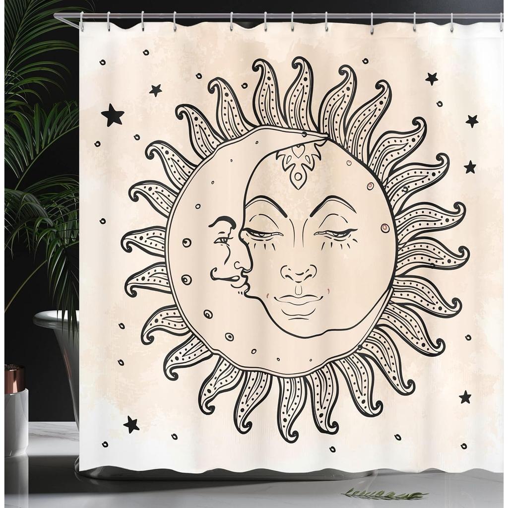 Celestial Sun & Moon Shower Curtain - Black & White Illustration with Stars, Durable Polyester with Hooks