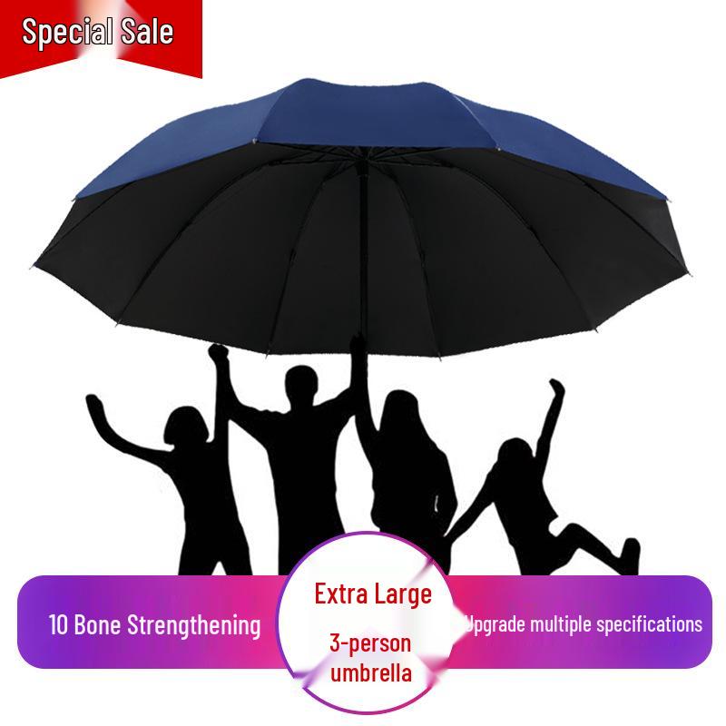 Large Dual-Purpose Sun and Rain Umbrella for 2-3 People, Reinforced Three-Fold Design with Printed Logo