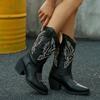 Women Boots Cowboy Boots Women Autumn Vintage Brown 2026 Embroidered Pointed Toe Brown Long Boots Chunky Mid Calf Women Shoes