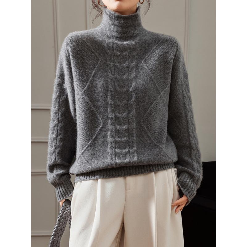 Women's French High Neck Wool Sweater - Diamond Twist Pattern, Loose Fit, Warm Knit Pullover
