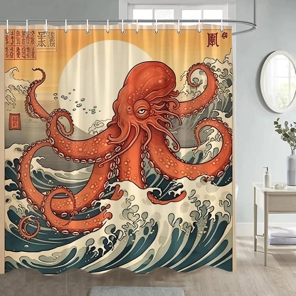 Japanese Landscape Shower Curtains Cherry Blossom Koi Fish Lotus Abstract Mountain Sea Waves Polyester Bathroom Decor with Hooks