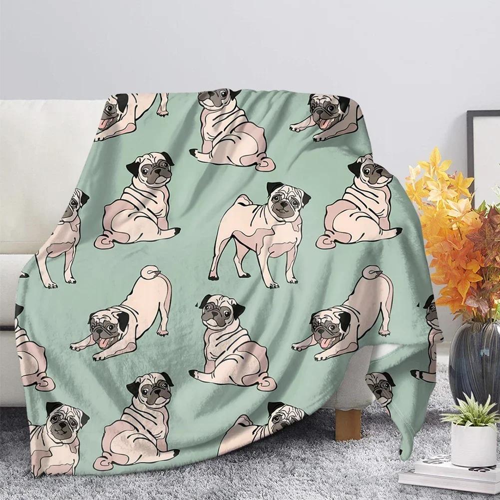 Flannel Blanket Cute Animal Pug Dog Soft Warm Fall Sofa Fleece Throw S for Bed  Couch  King Size Lightweight