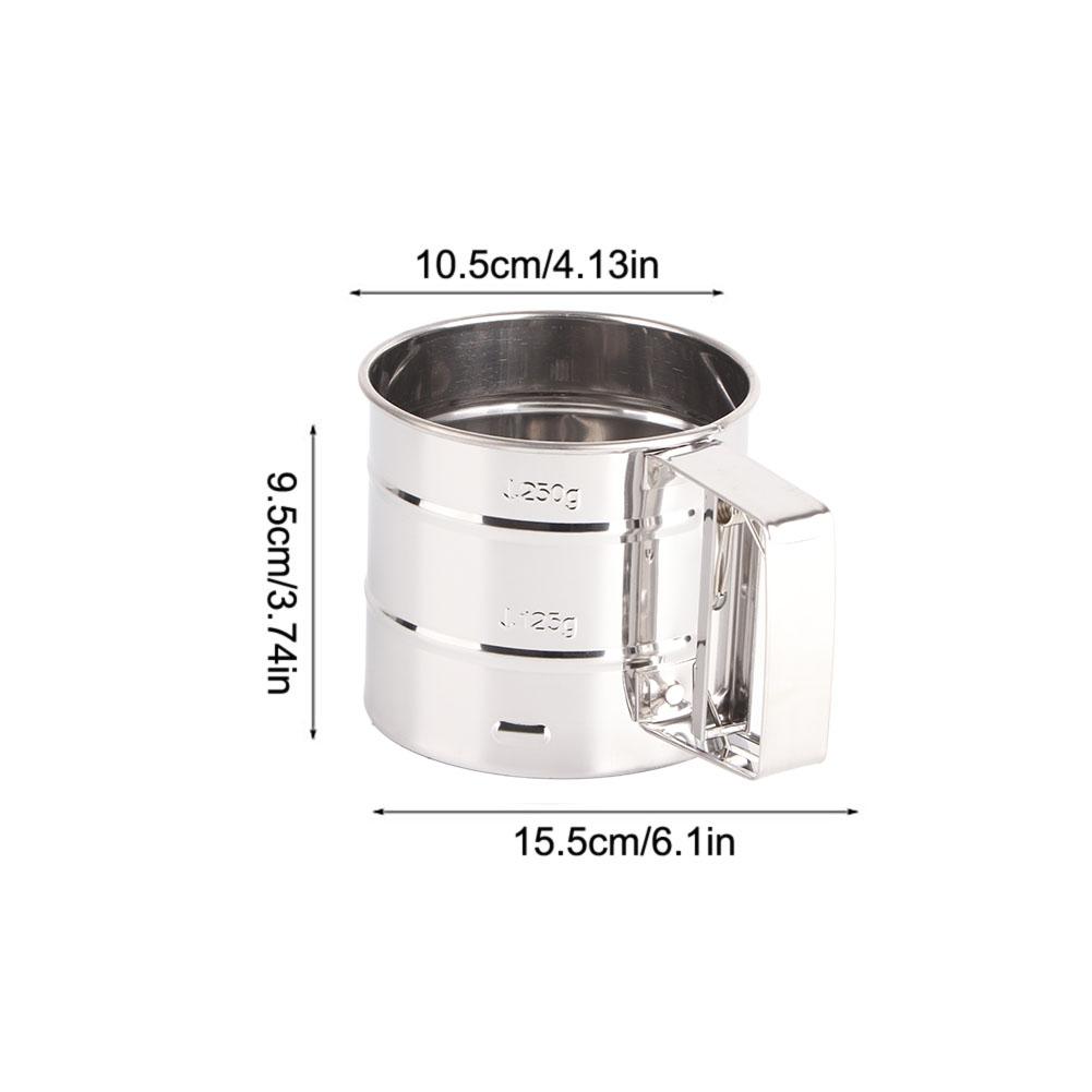 Edelstahl-Shaker-Siebbecher, Mesh-Kurbel-Mehlsieb mit Messskala für Mehl, Puderzucker