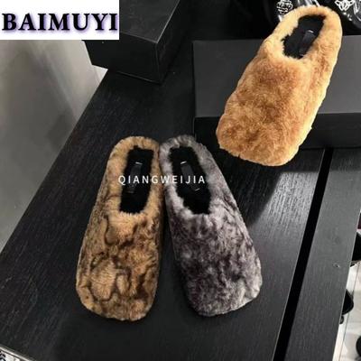 Pantoufles Plates Fourrure Léopard Femme Mules Fourrure Hiver Chaussures Coton Bout Carré Designer Tendance 2024 Nouvelle Marque Peluche Neige Botas Mujer