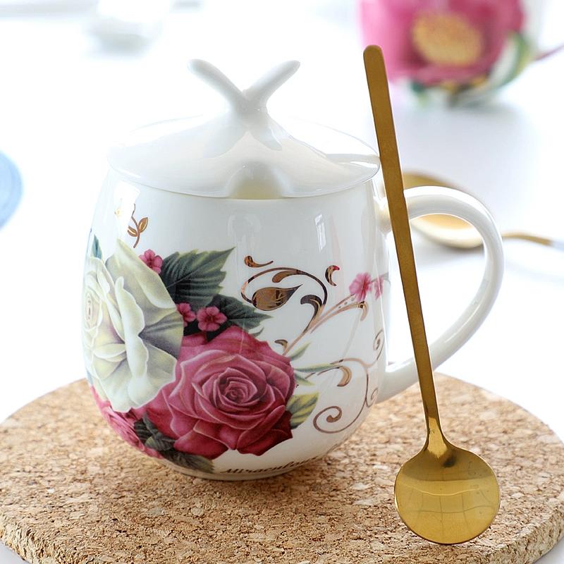 Hrnek z kostního porcelánu s víčkem a lžičkou, hrnek s velkým bříškem, 3 styly, keramický hrnek, roztomilé květinové hrnky, šálek na kávu 450 ml