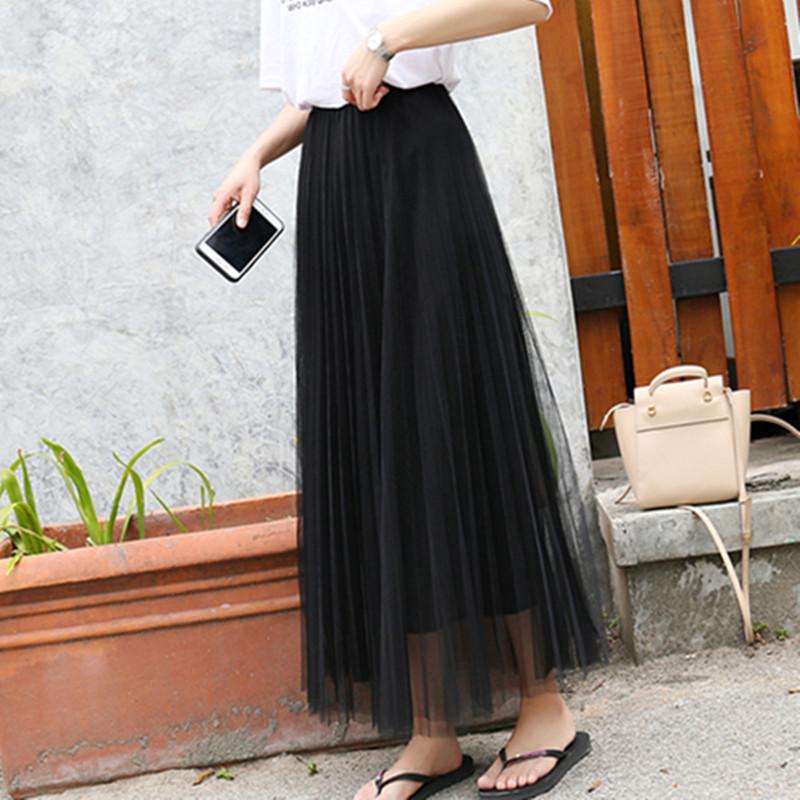 Women's High Waist Black Mesh A-line Midi Tulle Skirt
