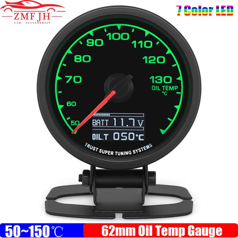 ZMFJH 7 Color Backlight 62mm Oil Temperature Gauge with Sensor 10mm Digital 50~150℃ Oil Temp Meter+Holder Bracket Auto Car 12V