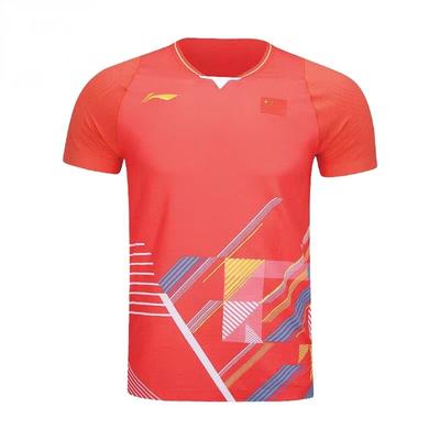 Li Ning Pullover V-Neck Quick-Dry Short Sleeve Badminton Shirt Men Tops Red AAYT581-2
