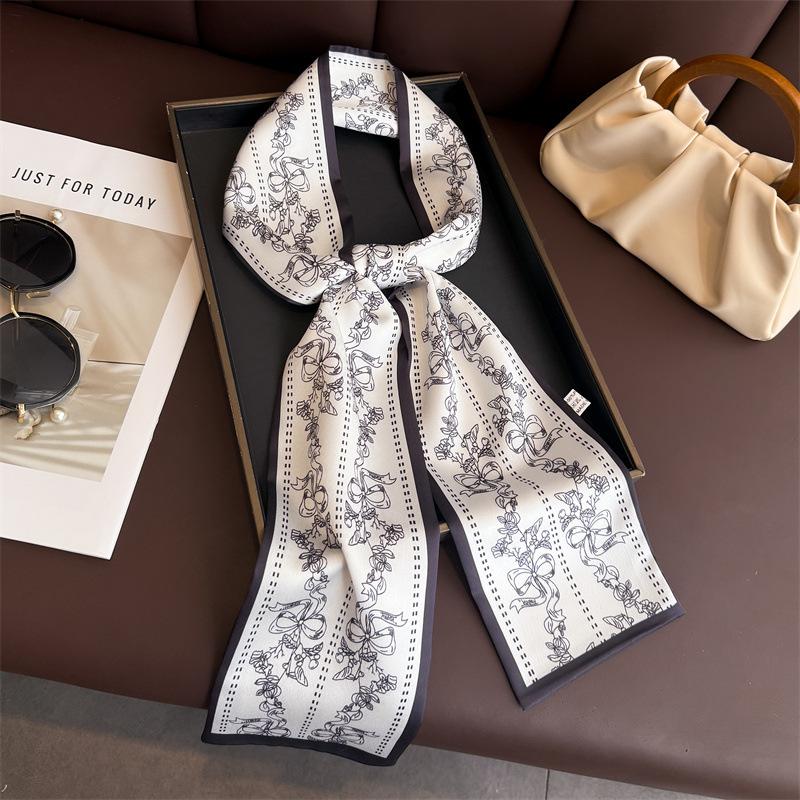 Spring and Summer Flower Double-layer Scarf, Streamer Strap, Bag Decoration, Suit Scarf, Small Long Headband, Silk Scarf, Women's Printing Is Narrow a
