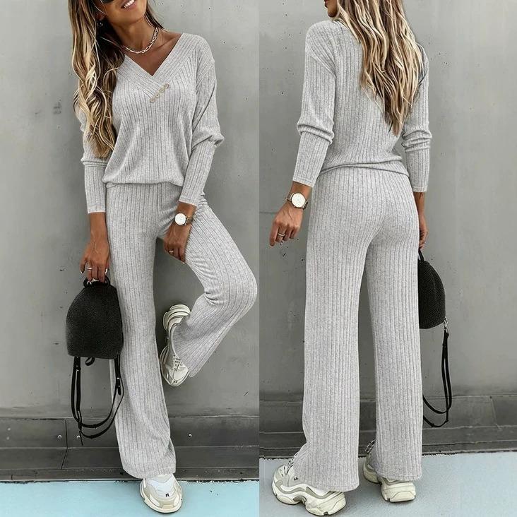 Spot 1116 autumn and winter new European and American fashion solid color casual long sleeves and trousers two-piece set for women