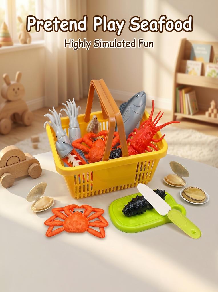 Kids Kitchen Toy Set Simulated Lobster Crab Fish Chicken Fun Cutting Food Big Size DIY Assembly Model for Kids Early Education