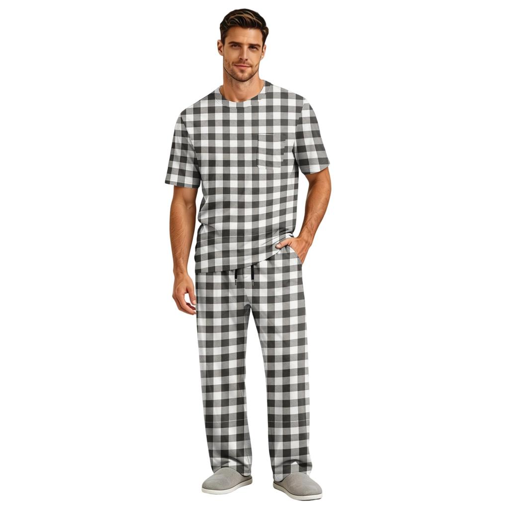 Men's Short Sleeve Pajama Set with Button Fly and Elastic Drawstring Waist for Home Loungewear