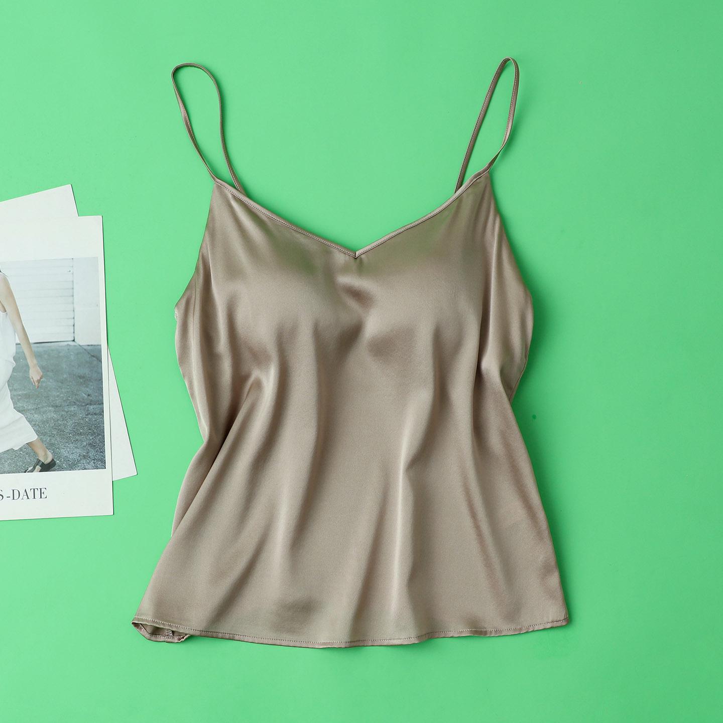 19 Momme Mulberry Silk V-Neck No-Bra Camisole Tank Top for Women - Thin Summer Base Layer Large