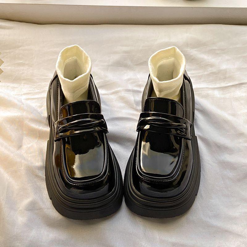 Platform muffin loafers women's spring and autumn 2025 new women's shoes one pedal black single shoes British style small leather shoes