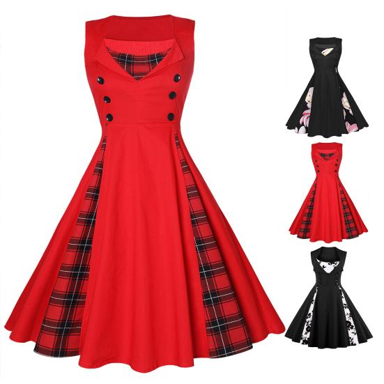 Kvinner Aftenkjole Blomstertrykk A-linje Stor Swing Stram midje Retro Patchwork Knapp Dekor Ermeløs Prom Party Elegant Midi-kjole