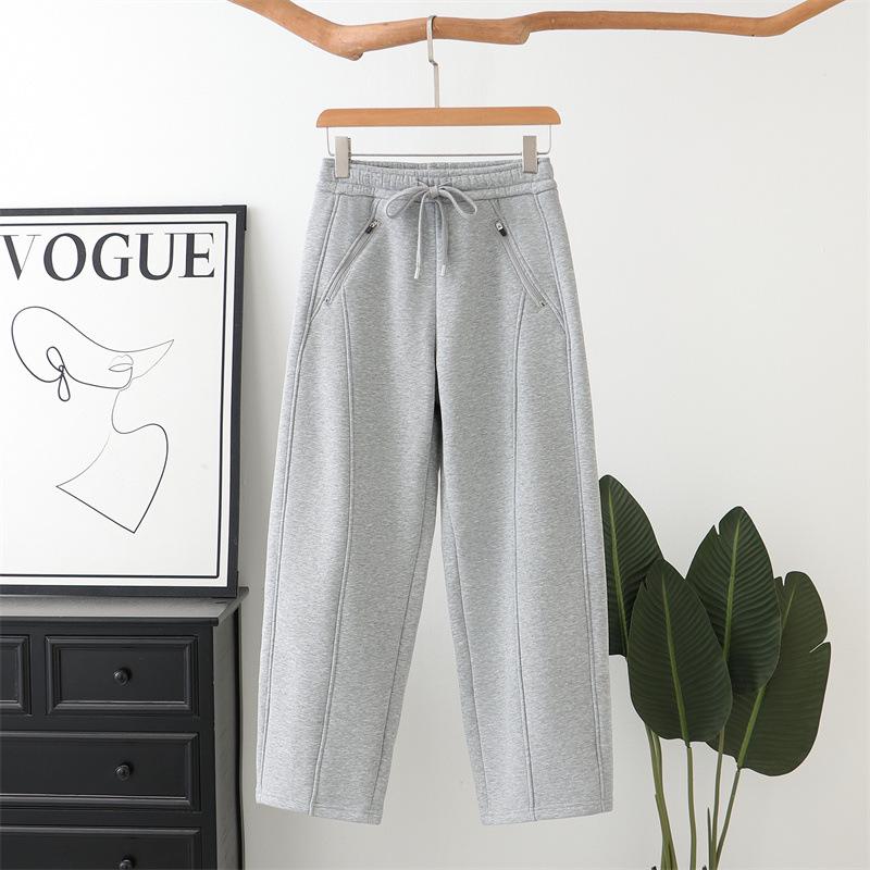 

2025 Winter Plus Size High Waist Thickened Floor-Length Pants with Zipper Pockets - Plus Velvet for Women 8256 3XL сірий колір
