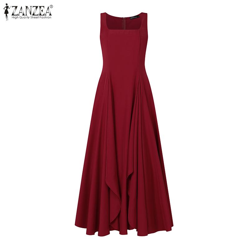 ZANZEA Women Casual Square Neck Sleeveless Ruffles Long Dress