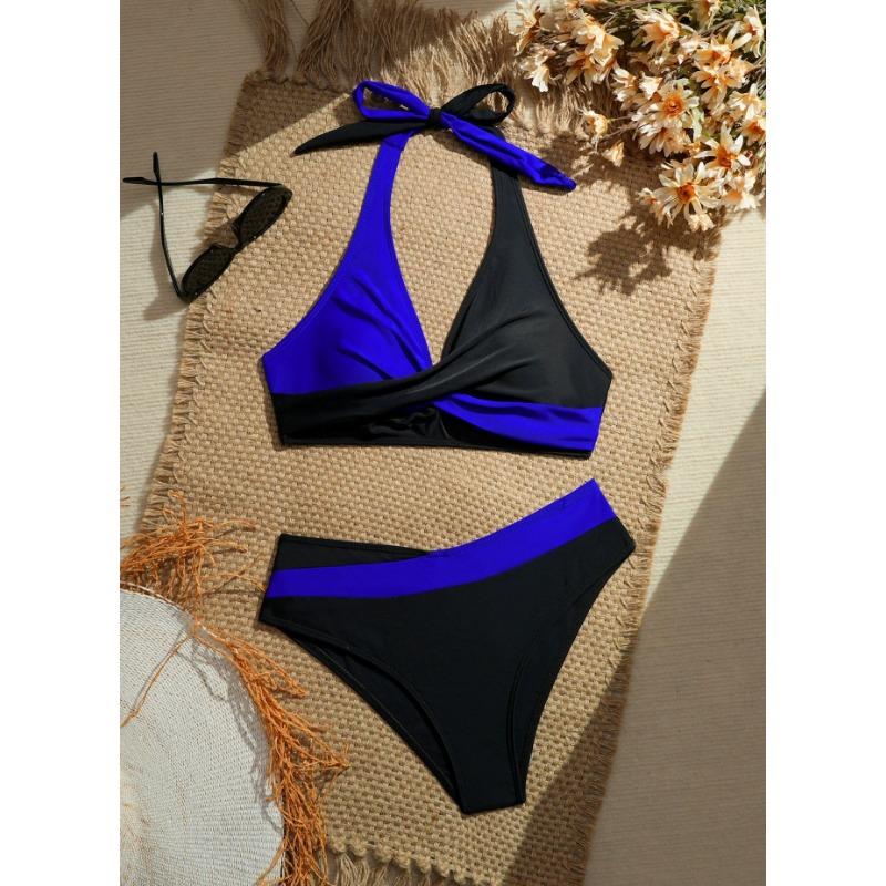 Damen Sexy Kontrastfarbe Zweiteiliger Bikini Badeanzug