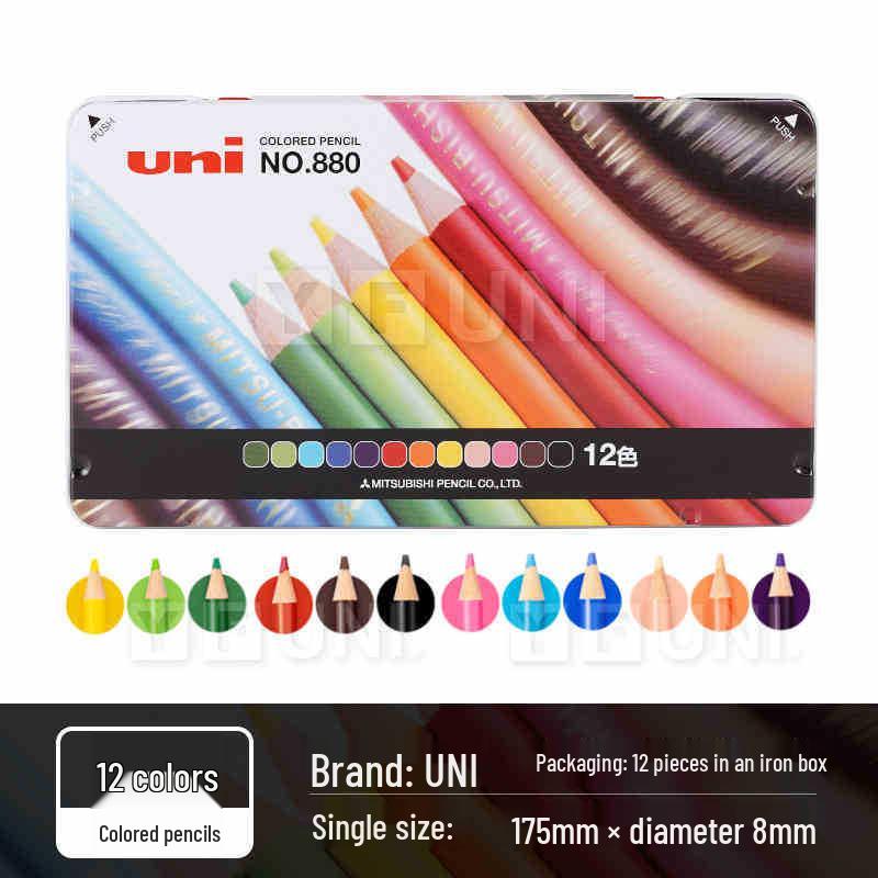 UNI Mitsubishi 888 Oil-Based Colored Pencils in Iron Box, 24 or 36 Professional Colors. 2B
