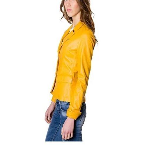 Blazer Button Women Real Genuine Lambskin Leather Party Wear Stylish Yellow Classic