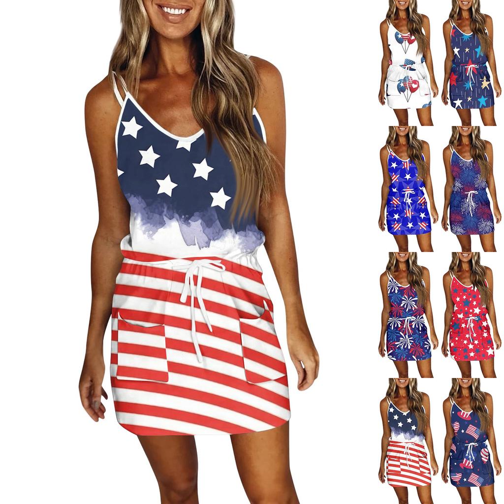 Damenmode Sommer Unabhängigkeitstag Bedrucktes Lockeres Ärmelloses Taschen V-Ausschnitt Kleid