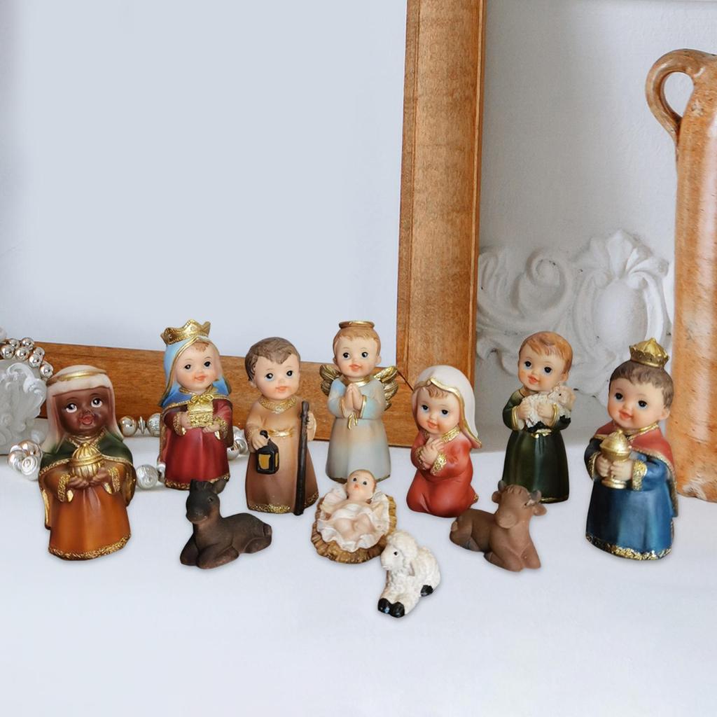 11pcs Nativity Scene Manger Figurines Set Accessories Crafts Resin Catholic Nativity Figurine Statue Figures for Tabletop