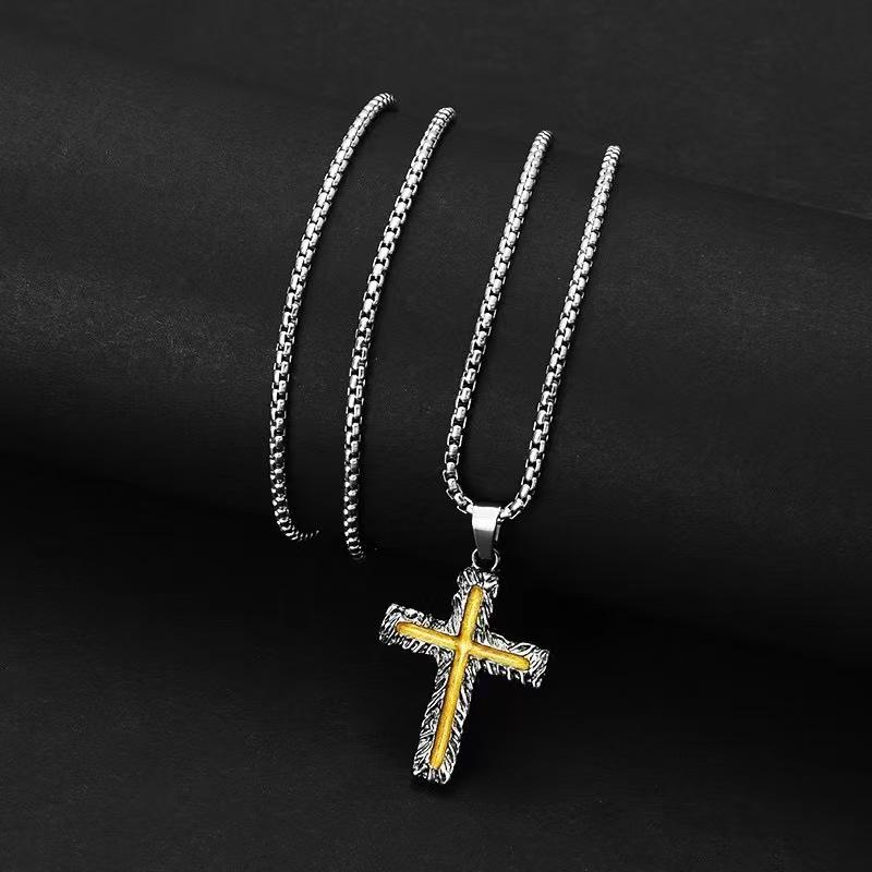 European-American Lava Cross Necklace: Non-Fading, Trendy Two-Tone Titanium Steel Cross Pendant for Men.
