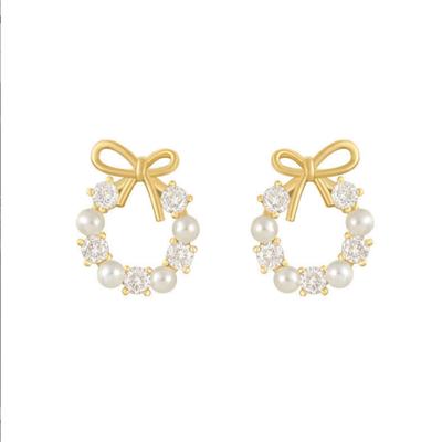 Bowknot Pearl Crystal  Stud Earrings for Women Korean Creative Design Temperament Personality Jewelry Girl Gift Brincos