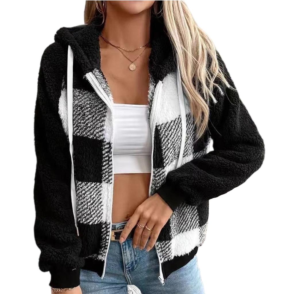 Women's Fashion Plaid Loose Casual Long Sleeve Hooded Fleece Cardigan Zipper Jacket