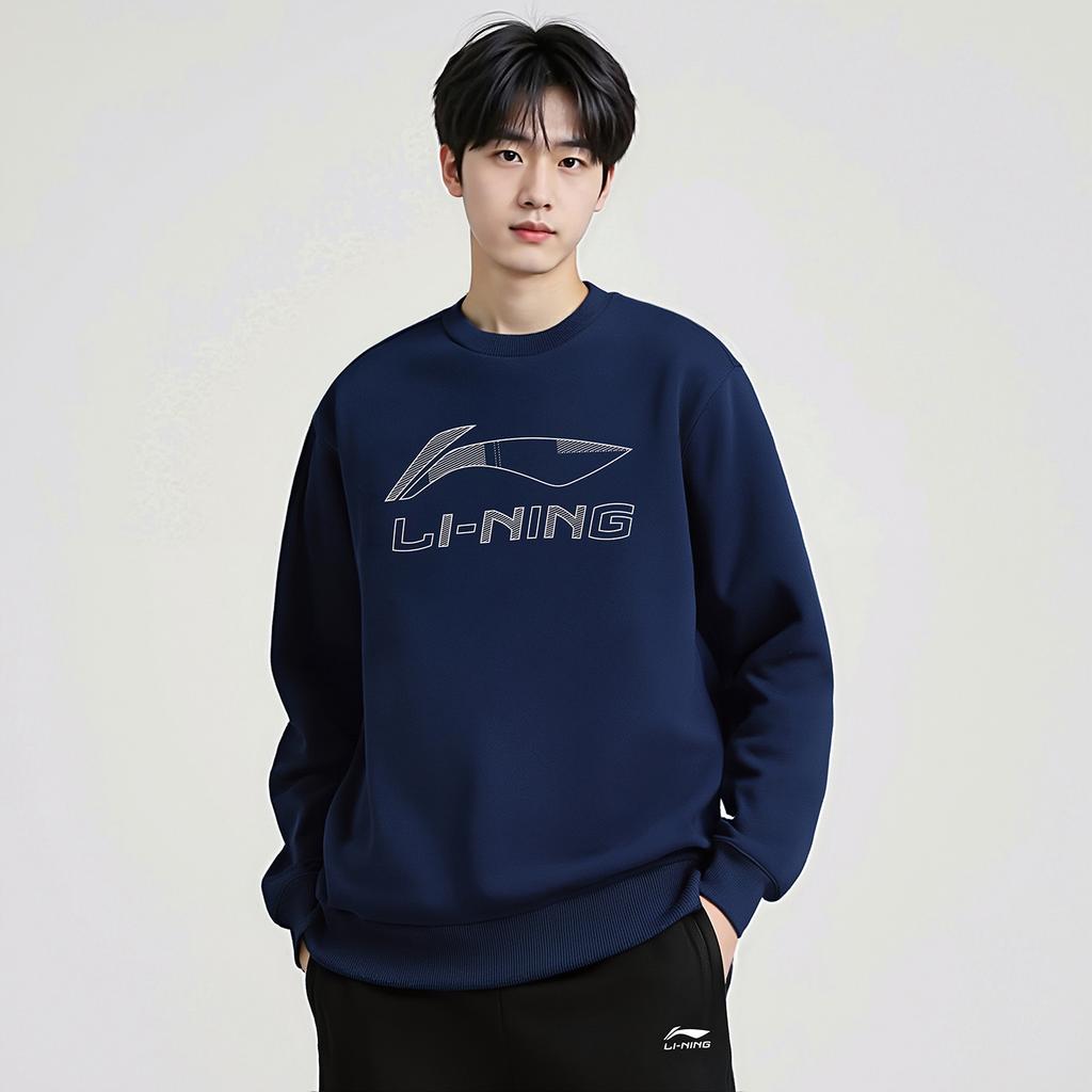 Li Ning Sweatshirts Men's Dark Bowl Blue Crew Neck Moderate AWDVJ29-3