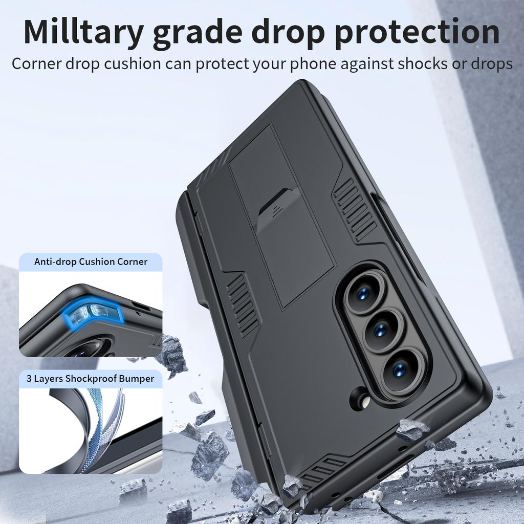 for Samsung Galaxy Z Fold 6 Phone Case With S Pen Holder, Hidden Stand, Screen Protector, Sturdy Shockproof Protective Case-Black