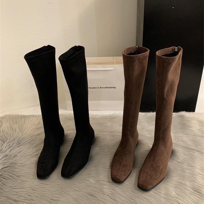 Mote Vinter Vintage Slanke Dame Knehøye Støvletter Designer Tykke Hæler Sko Moderne Lange Støvletter For Kvinner