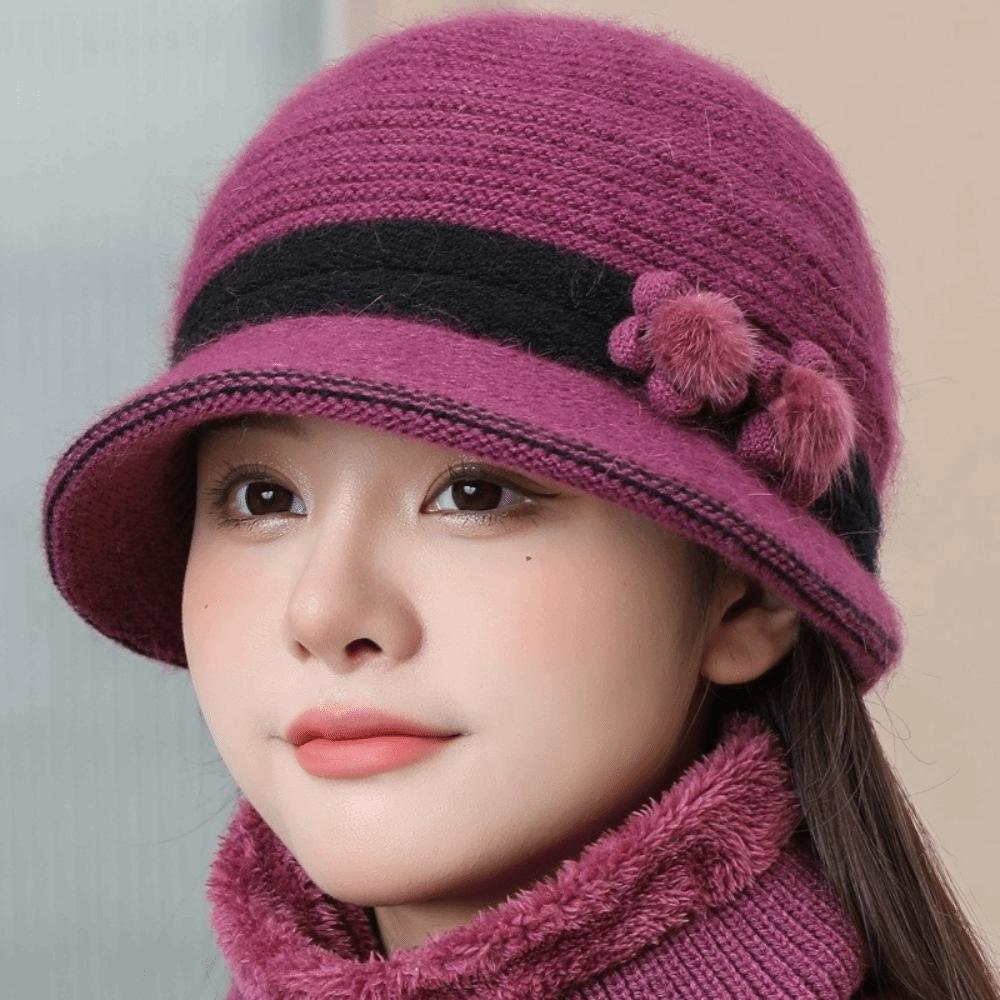 Windproof Floral Decor Hat Warm Knit Basin Cap Fashion Middle-aged Elderly Bucket Hat Winter