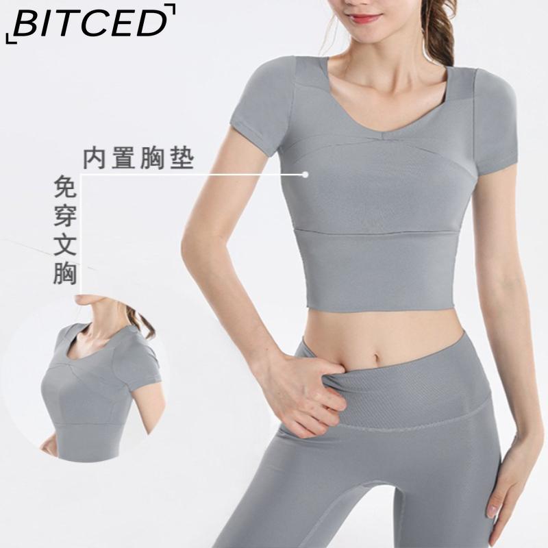 BITCED Women's Quick-Dry Short-Sleeve Sports Top with Built-in Bra, Plus Size Yoga Wear, Morning Run Fitness Set for Summer and Fall