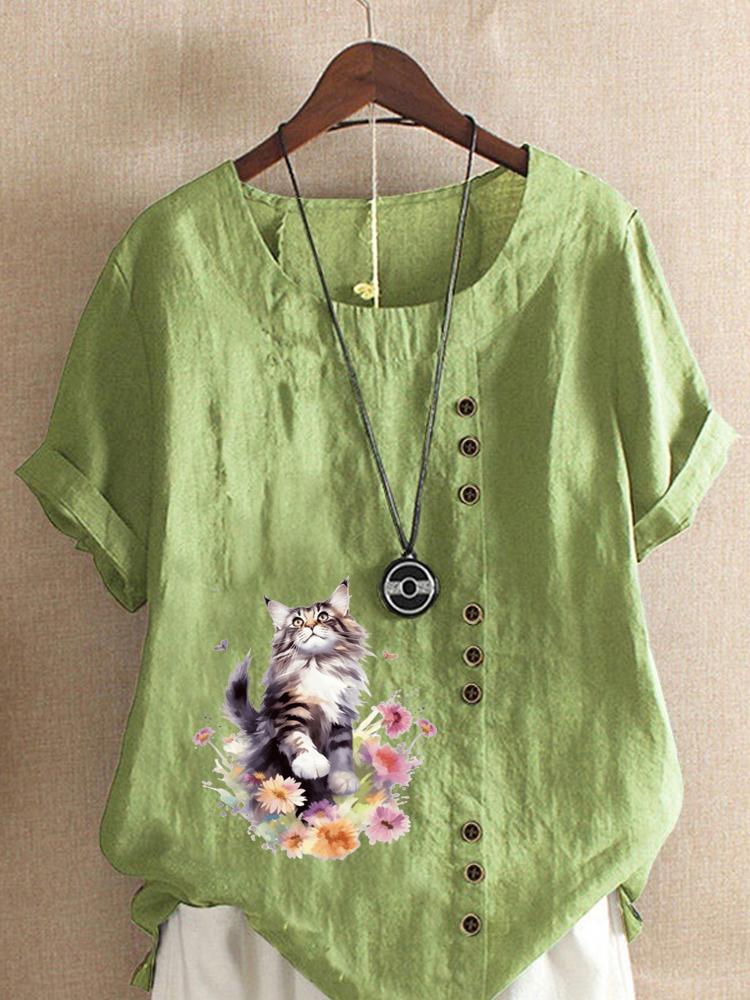 Women's Fashion Floral Cat Print Round Neck Short Sleeve T-shirt Casual Cotton Linen Graphic Shirt Leisure Loose Summer Blouse Tops