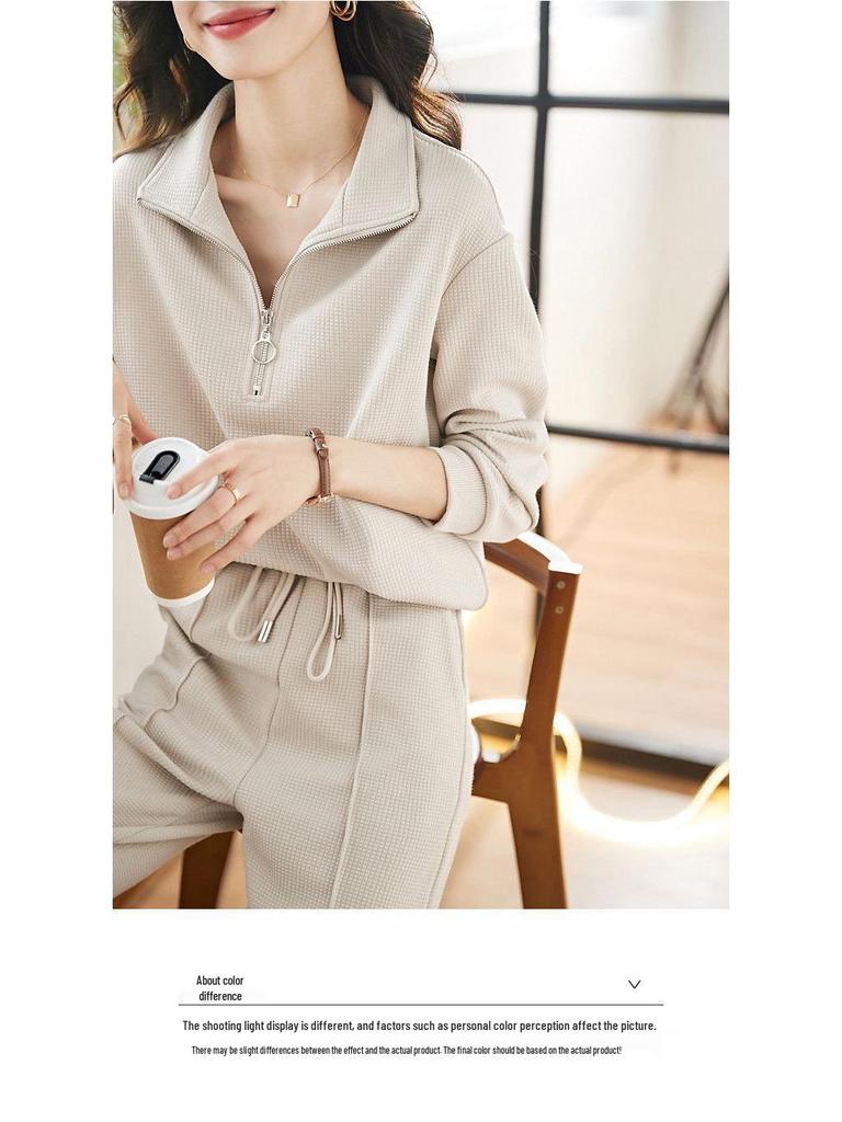 Women's Trendy Autumn Two-Piece Set: Elegant Collared Long-Sleeve Sweatshirt and Casual Pants