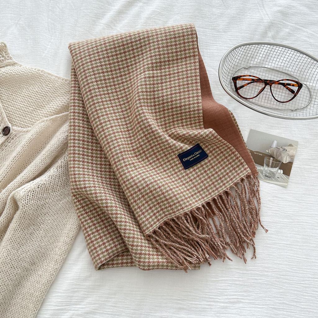 Women'S Imitation Cashmere Retro Houndstooth Knit Scarf Headscarf Casual Tassel Scarve Ladies Mujer Wrap Shawl Winter New Korean