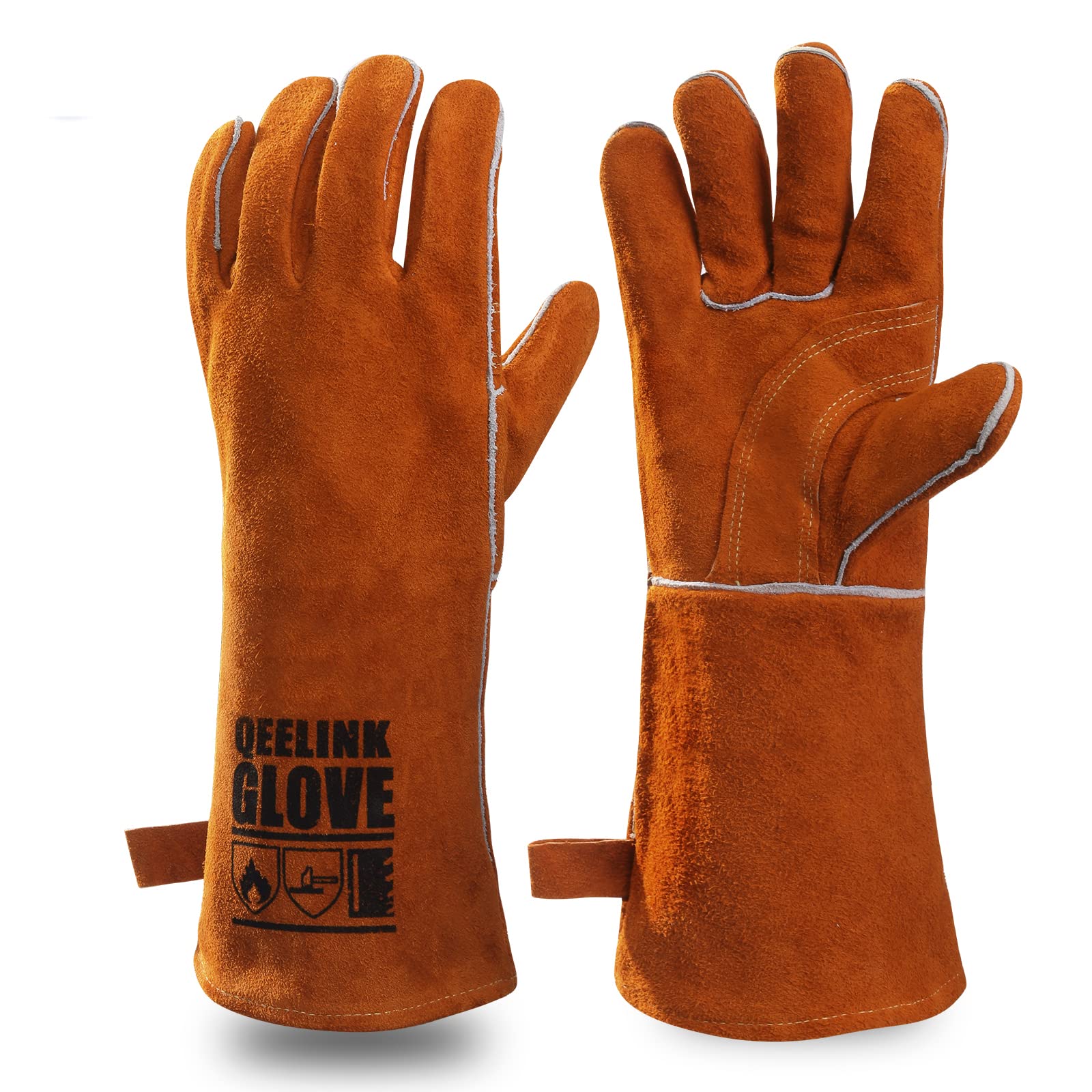 [QeeLink] Heat-Resistant Leather Gloves, Genuine Cowhide Leather, Camping Gloves, Heat-Resistant, Fireproof Gloves for Welding/BBQ/Stove/Fire Pit/Wood