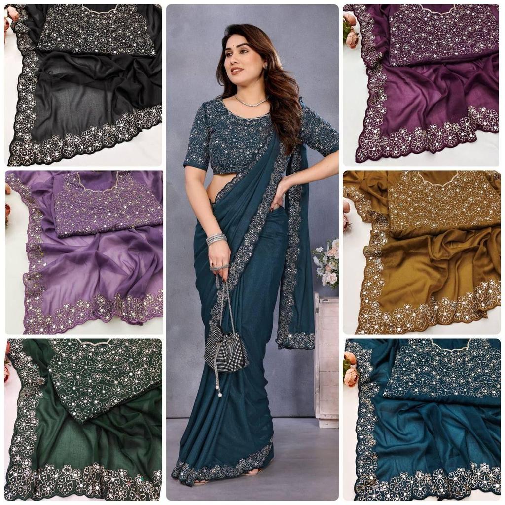 *Beautiful Party Wear Mirror Work Saree Collection Presented*