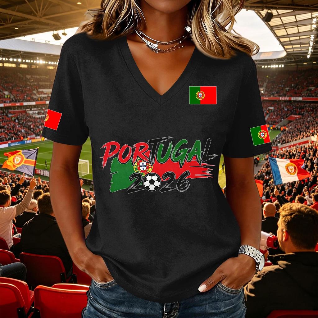 Women's Casual V Neck Short Sleeve Pullover Top with Soccer Flag Print Portugal 2026 Support Shirt for Fans and Sports Events