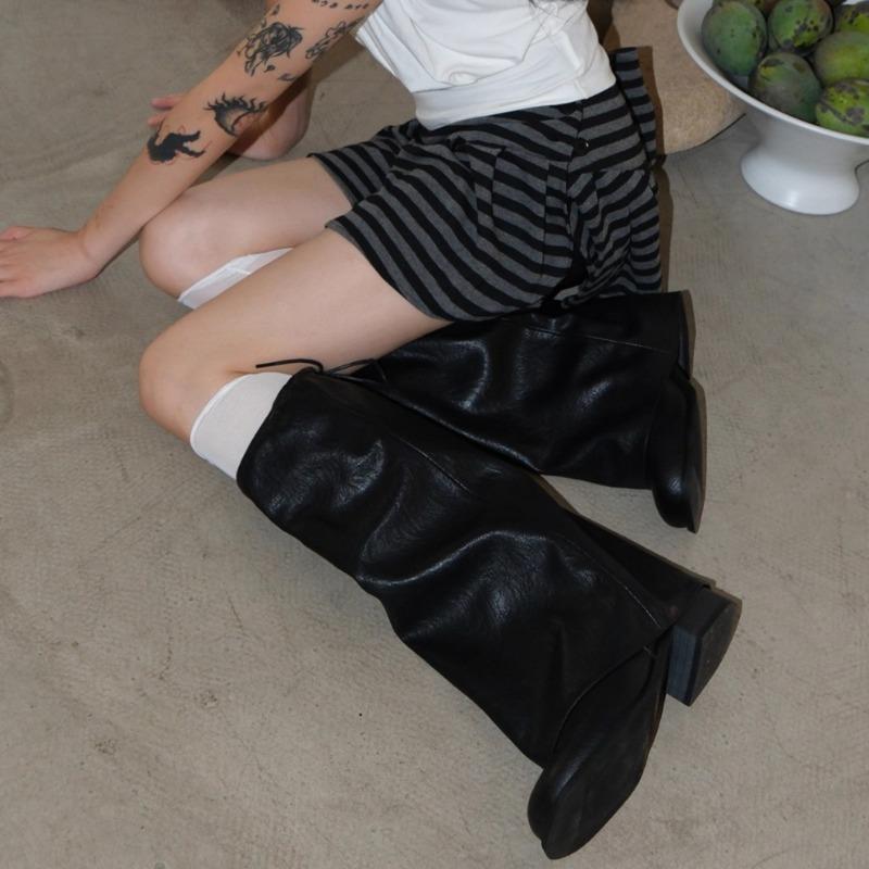 Spice Girl Elastic Adjusting Pant Boots Women's Spring and Summer New Black Maillard Vintage Round Head Folded Knight Boots