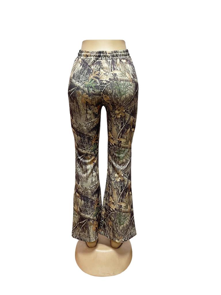 European-American Retro Print Elastic Waist Flare Sweatpants for Autumn Women