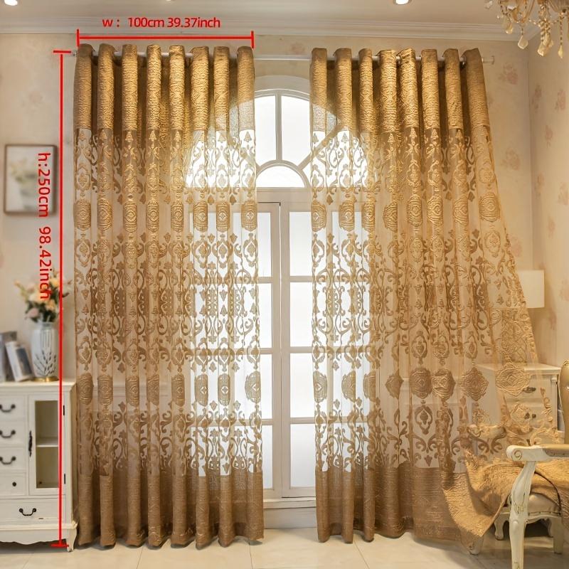 1PC Golden Elegant Jacquard Sheer Curtain with Grommet Top - Perfect for Bedroom, Living Room & Home Decor