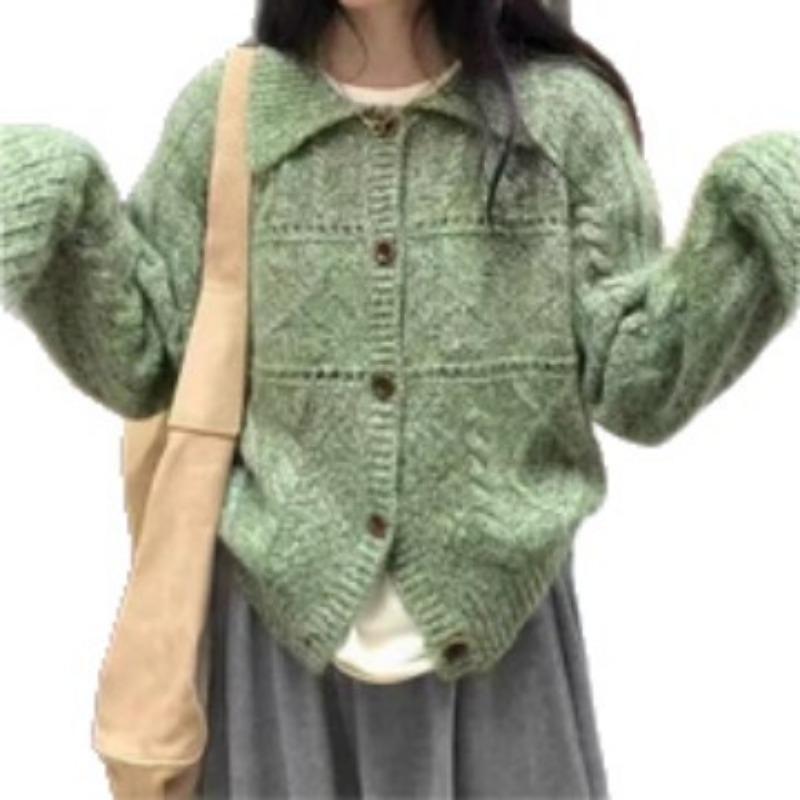 Retro Twist Lapel Knitted Cardigan Autumn and Winter New Loose Long-sleeved Sweater Jacket Women