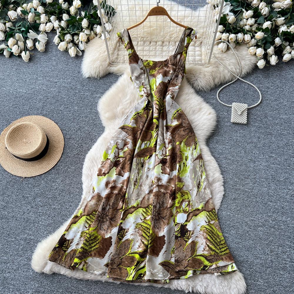 French holiday style red flower print sleeveless dress women's summer high waist A word thin dress